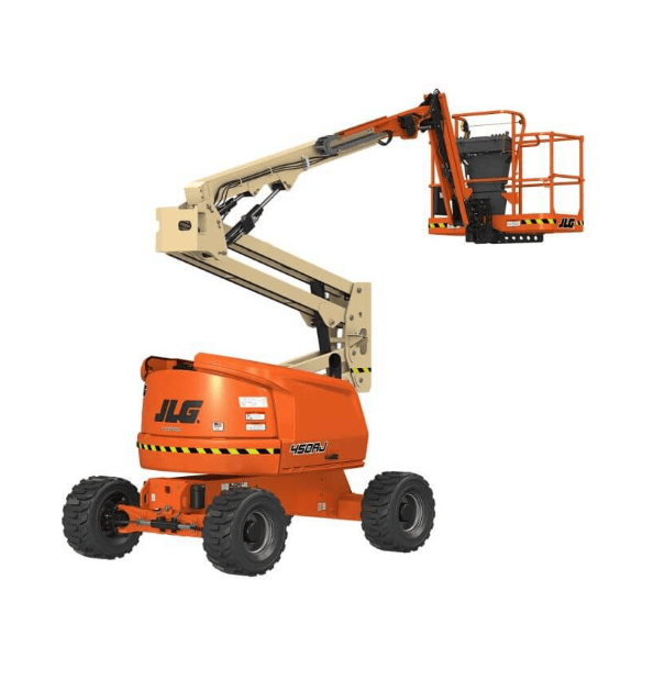 plataforma elevadora articulada realizando trabajos en altura. Ideal para tareas de mantenimiento en exteriores e interiores gracias a su gran maniobrabilidad.