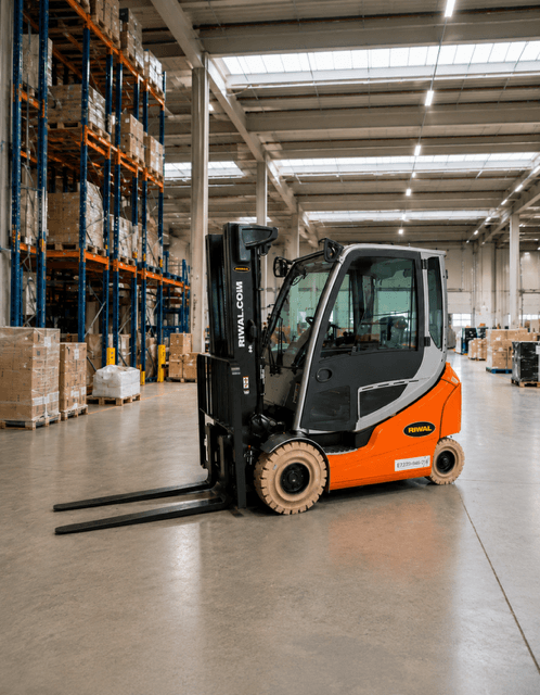 Carretilla elevadora Riwal en almacén logístico con estanterías industriales y pallets.