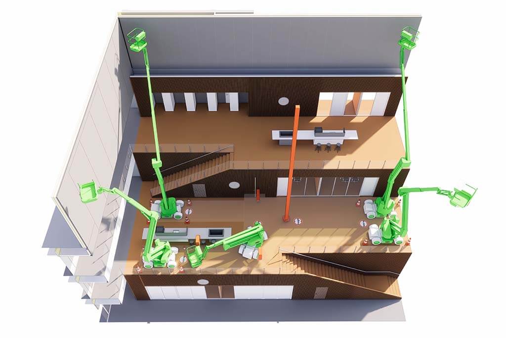 3D model van RIwal hoogwerkers in BIM werken in een gebouw 