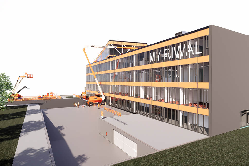 BIM 3D model van Riwal hoogwerkers veilig aan het werk aan een gebouw